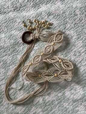 Boho Macrame Cream Waist Belt with Wooden Beads